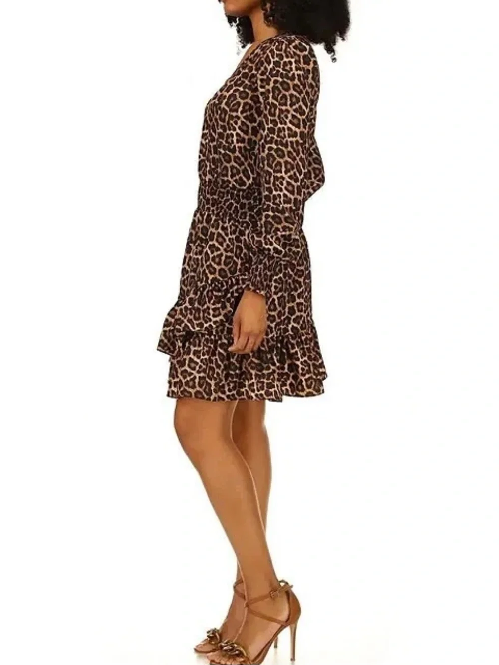 EUC Michael Kors Dark Camel Leopard Print Long  Sleeve Ruffle V - Neck Dress XS